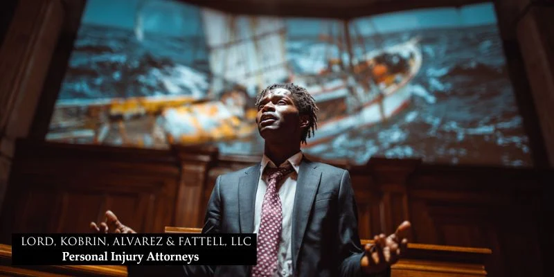 Boat accident lawyer: secure your rights and maximize your recovery 4 Lawyer presenting a boat accident case in court with visuals of the incident projected behind them for support.