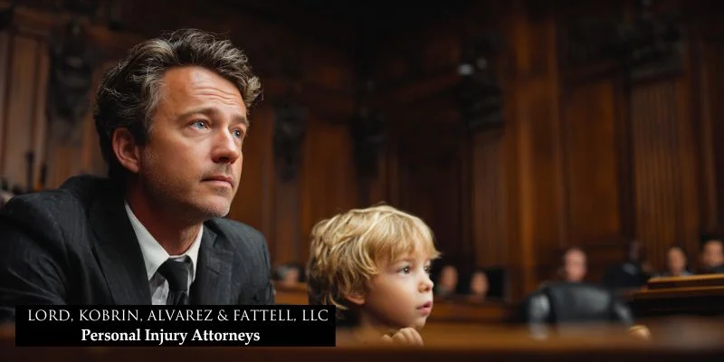 A child sits next to their lawyer in a courtroom, the two focused on the proceedings at hand.