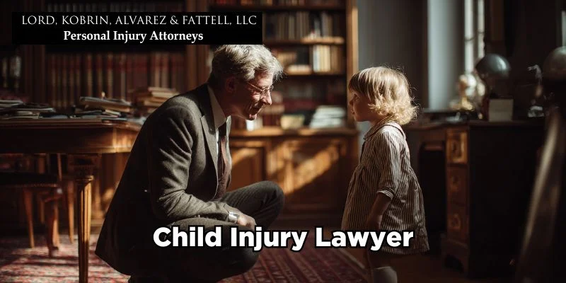 Child injury lawyer - a lawyer kneels to speak with a young child in a warm, inviting law office filled with legal books.