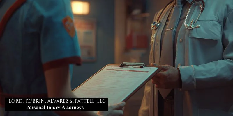 How to report workplace injuries and legal protections 4 Doctor examines injured worker and records injury details for workplace compensation claim.