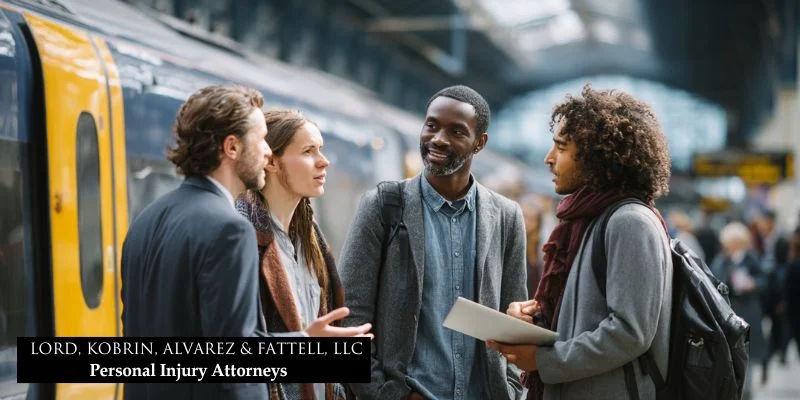 Jersey city train accident lawyer: get justice for your injuries now 2 Lawyer educating train passengers about their rights and safety at a train station for accident awareness.