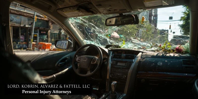 Interior of rideshare car after accident, nj street visible through window in natural daylight.