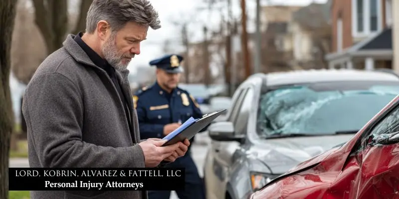 Shared fault car accidents: who pays when both drivers err? 2 Insurance adjuster inspects two damaged cars after a shared fault accident, taking notes and photos.