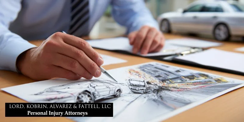 Accident reconstruction expert in court presenting a crash scene model and diagram to the jury.